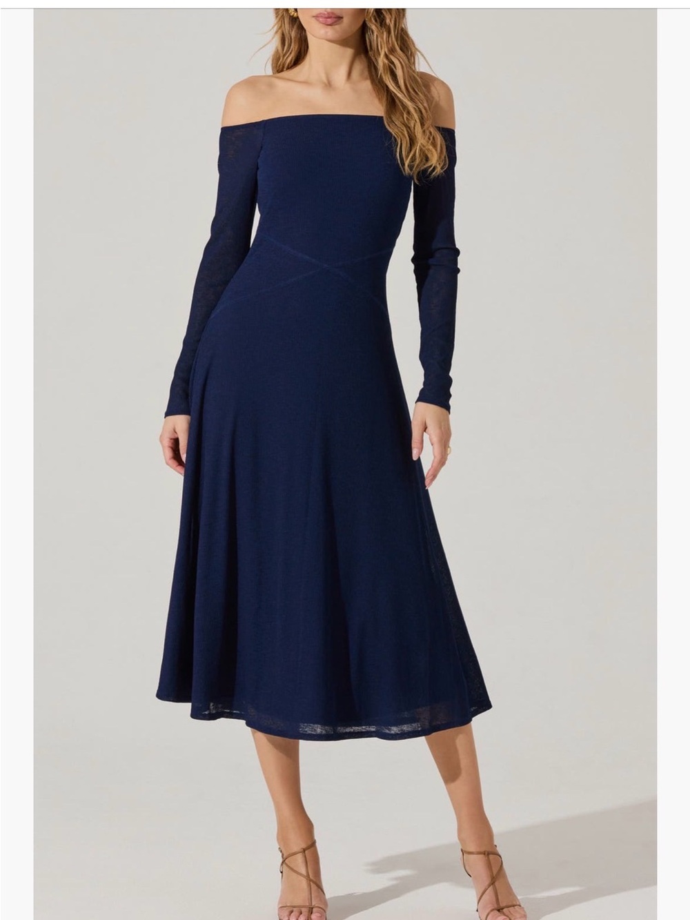 Astr Navy Flared Midi Off-the-shoulder dress